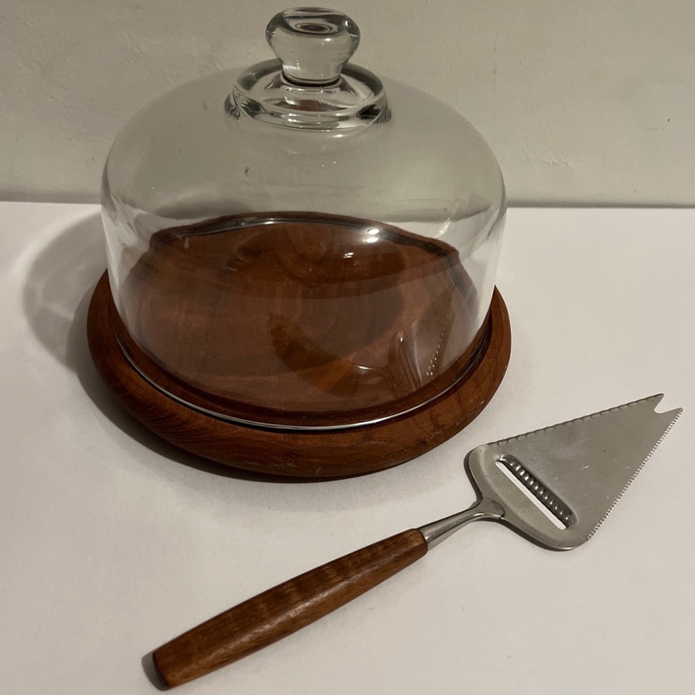 Vintage Goodwood Teak Glass Covered Cheese Dish With Cheese Slicer EUC